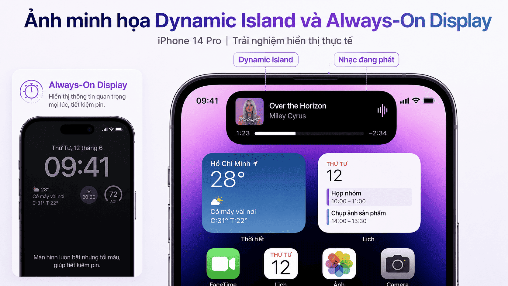 Dynamic Island iPhone 14 Pro cũ 99% hiển thị thông báo nhạc và cuộc gọi tương tác thực tế