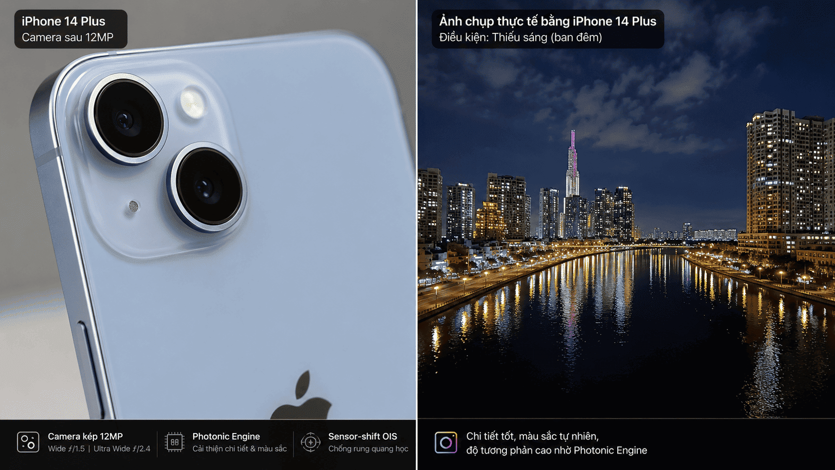 Camera 12MP iPhone 14 Plus cũ 99% với Photonic Engine, chụp đêm và Cinematic Mode 4K