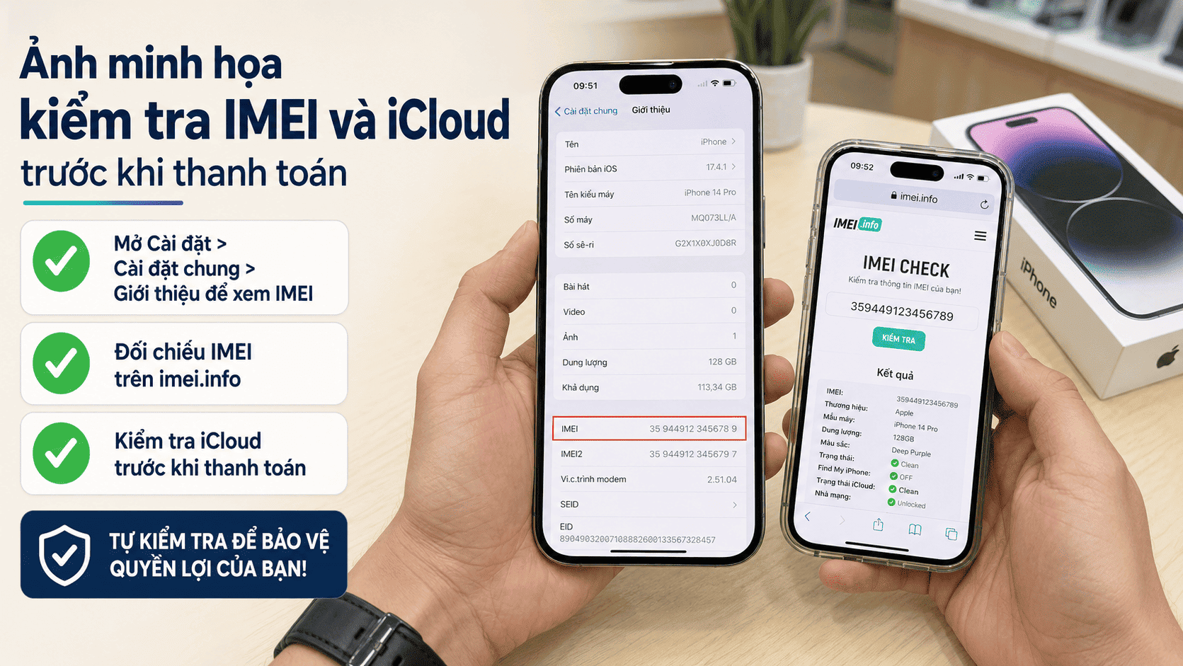 Kiểm tra IMEI và iCloud iPhone 14 Pro cũ qua Settings và imei.info trước khi thanh toán