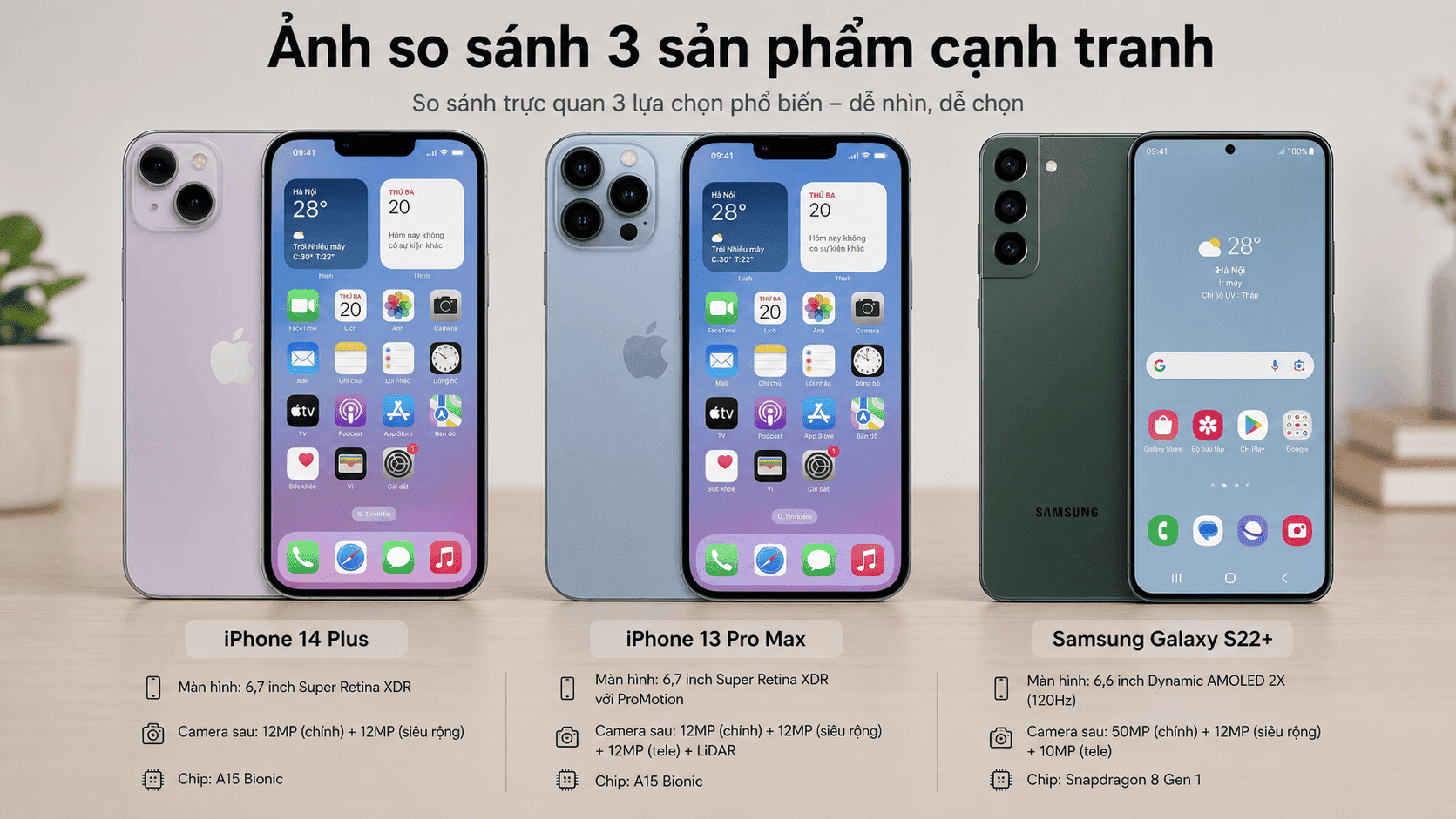 So sánh iPhone 14 Plus cũ 99% với iPhone 13 Pro Max cũ và Samsung S22+