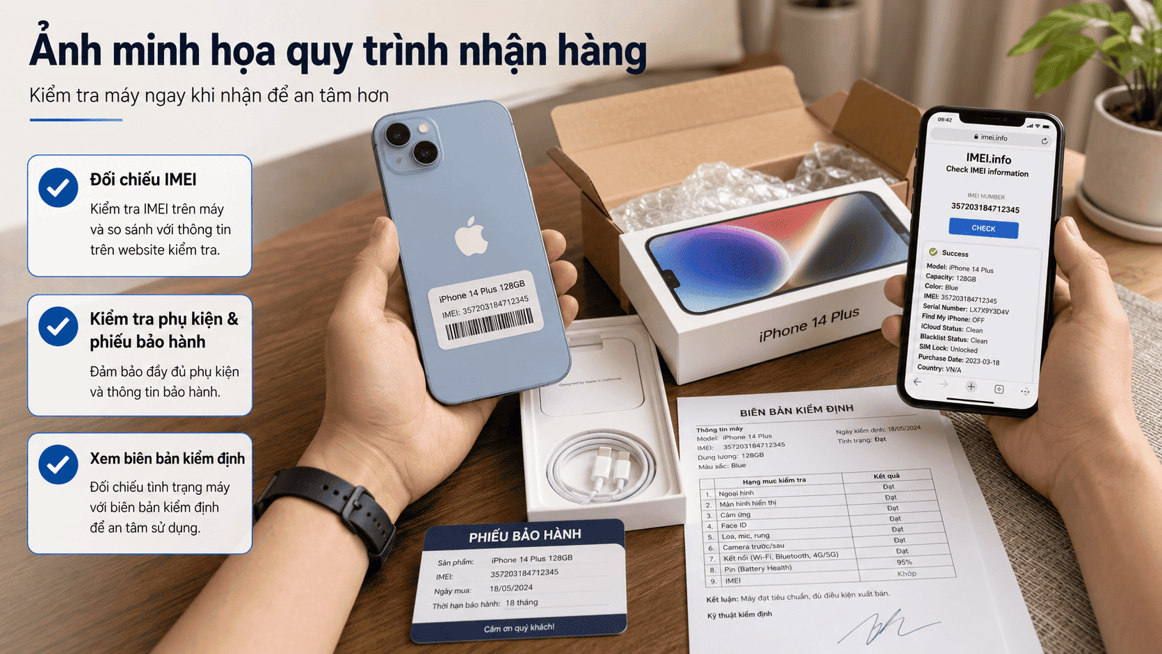 Checklist 10 bước kiểm tra iPhone 14 Plus cũ khi nhận hàng tại nhà trước khi xác nhận giao