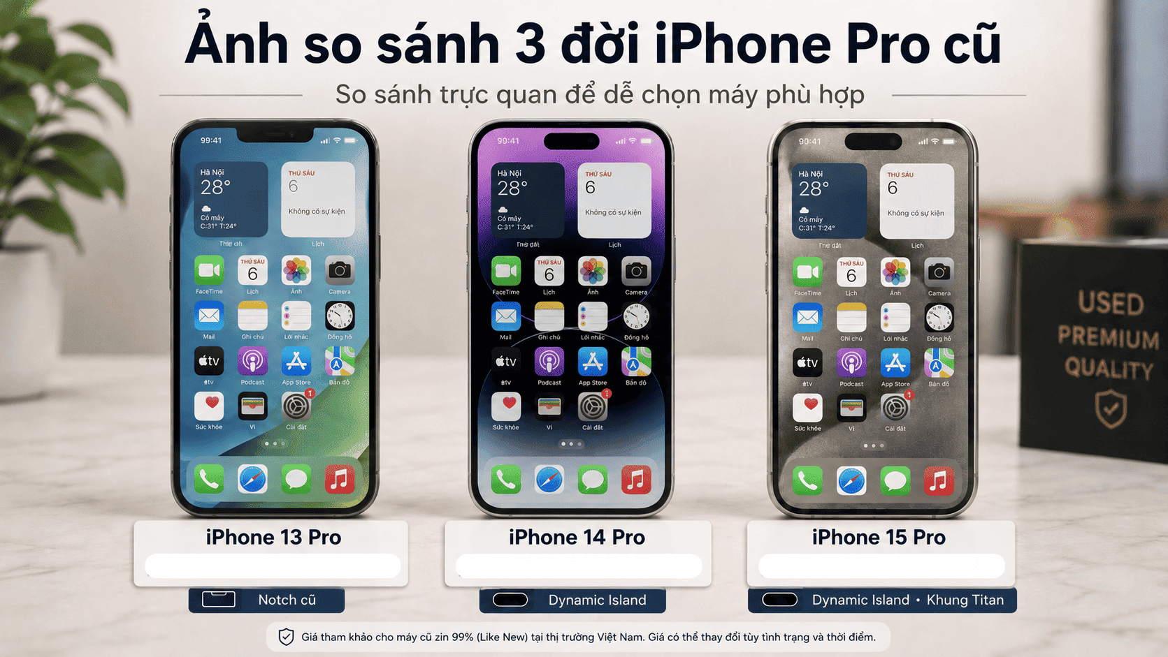 So sánh iPhone 13 Pro, 14 Pro và 15 Pro cũ về giá, chip, camera và tính năng tháng 6/2026