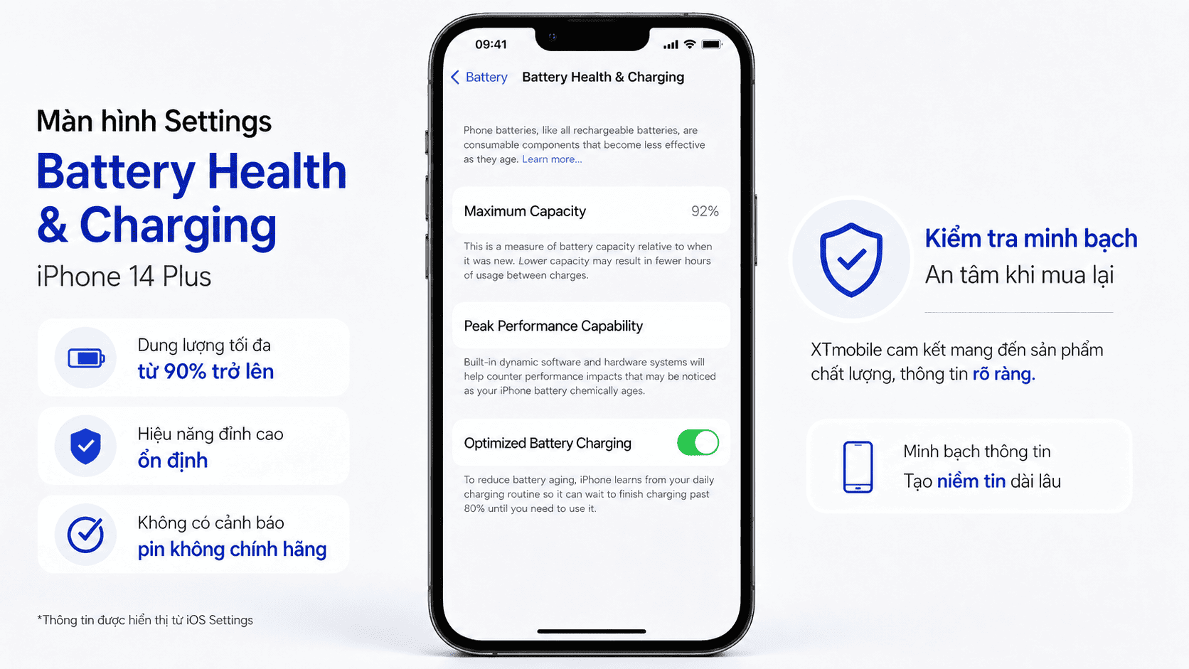 Màn hình Settings Battery Health iPhone 14 Plus cũ hiển thị Maximum Capacity từ 90% trở lên