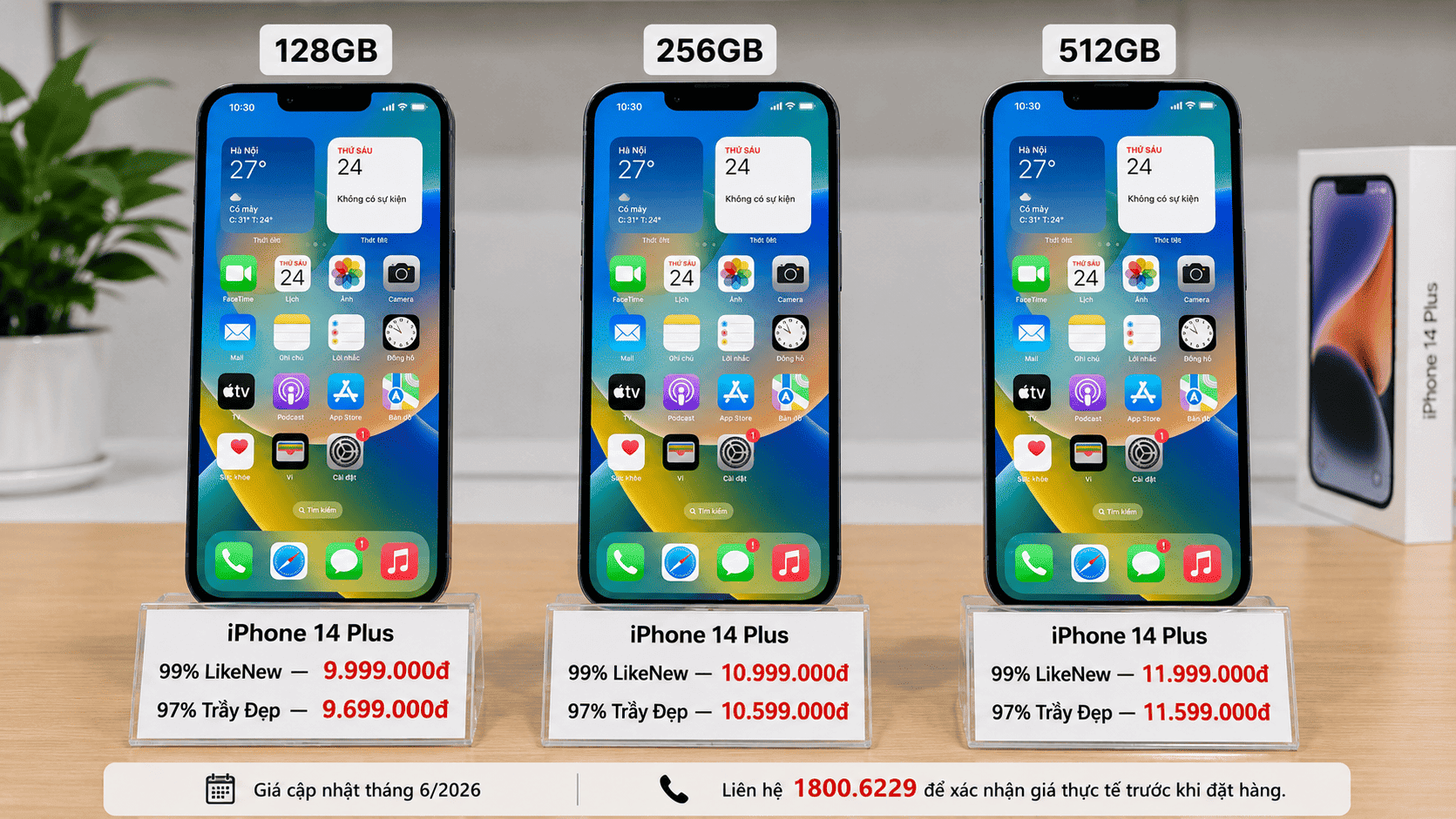 Bảng giá iPhone 14 Plus cũ 99% và 97% tại XTmobile tháng 6/2026, 3 phiên bản bộ nhớ