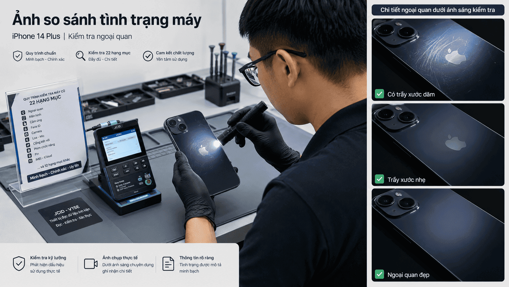 Kỹ thuật viên XTmobile kiểm định iPhone 14 Plus cũ 8 bước, đo pin và xác minh linh kiện zin
