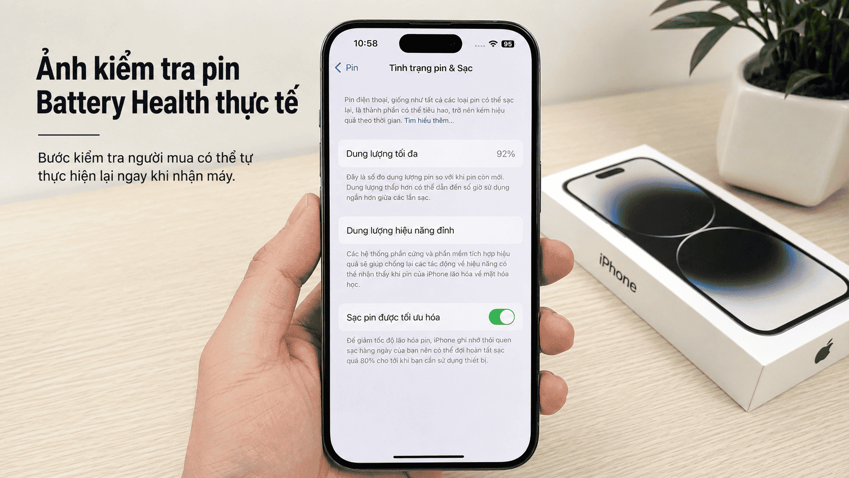Màn hình Settings Battery Health iPhone 14 Pro cũ hiển thị tình trạng pin đạt 90% trở lên