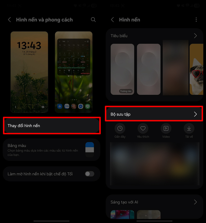Nhấn vào Thay đổi hình nền rồi truy cập Thư viện ảnh hoặc Bộ sưu tập