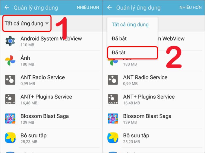 Nhấn vào Tất cả ứng dụng rồi chọn Đã tắt