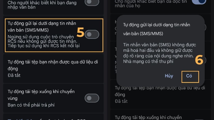 Bật tính năng Tự động gửi lại dưới dạng tin nhắn văn bản (SMS/MMS)