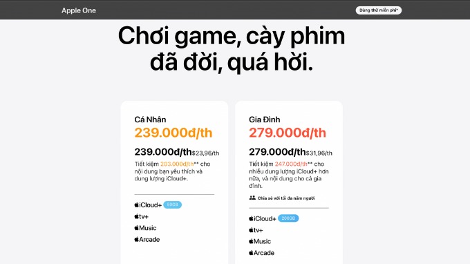 Mức giá và gói cước của Apple One