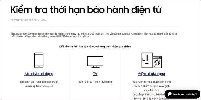 Truy cập trang kiểm tra bảo hành chính thức của Samsung Việt Nam