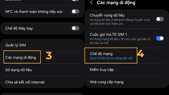 Chọn Các mạng di động và vào Chế độ mạng