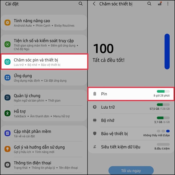 Bước 2 bật sạc nhanh trên điện thoại Samsung