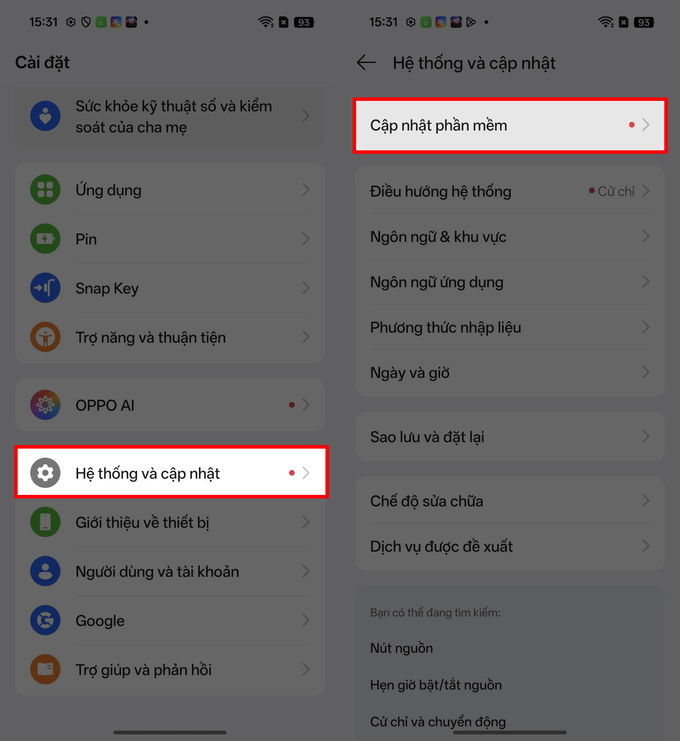 Chọn cập nhật phần mềm để nâng cấp lên phiên bản ColorOS 16.0.5.701 hoặc mới hơn