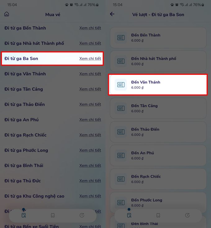 Mua vé theo từng nhà ga