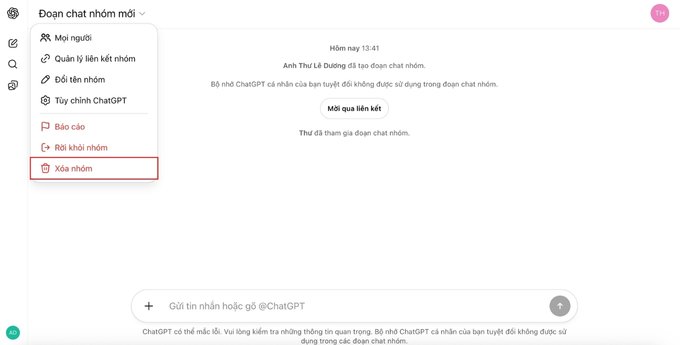 Cách xóa nhóm chat trên ChatGPT