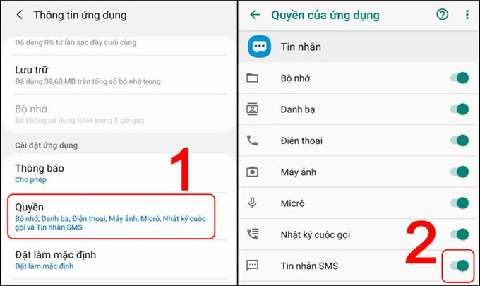 Chọn Tin nhắn và Vào mục Quyền