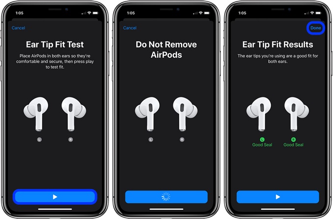 Kết quả độ vừa tai nghe (Ear Tip Fit Results) sẽ hiển thị bên dưới hình ảnh AirPod