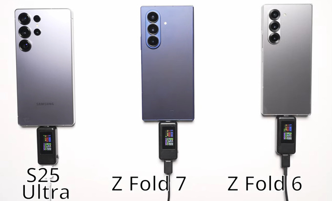So sánh tốc độ sạc giữa Galaxy Z Fold 7, Z Fold 6 và S25 Ultra