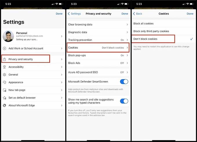 Bật cookie bằng trình duyệt Microsoft Edge