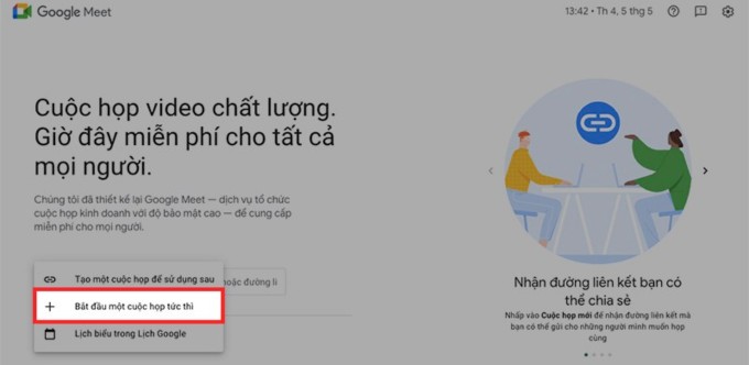 Tạo link cuộc họp Google Meet trên máy tính