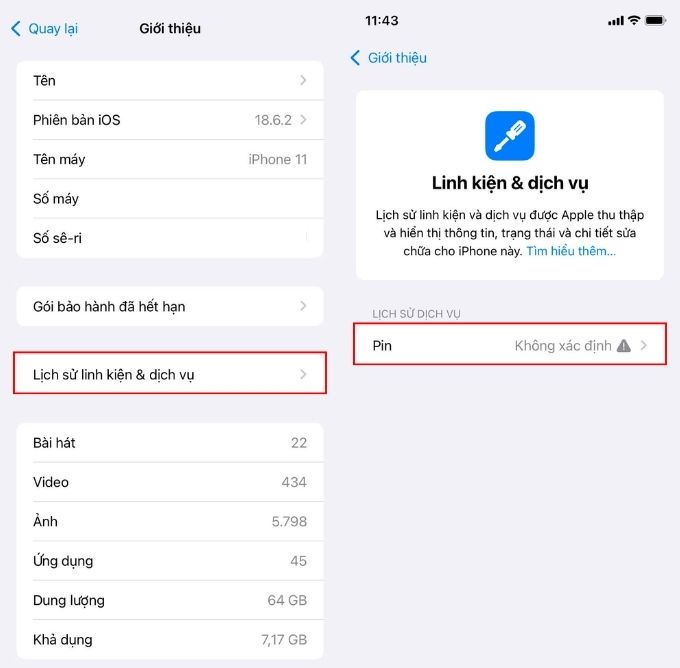 Kiểm tra lịch sử linh kiện và dịch vụ trên iPhone