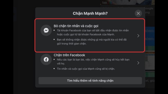Bước 3 bỏ chặn Messenger trên máy tính