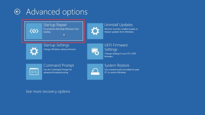 Chọn Startup Repair để Windows tự động kiểm tra