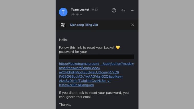 Nhấp vào đường link để thay đổi mật khẩu Locket trên iPhone