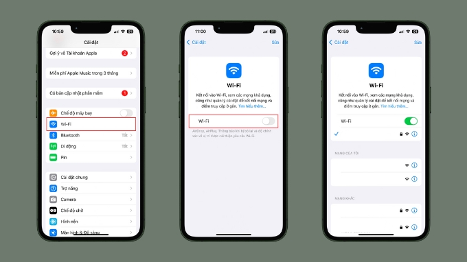 Vào mục Cài đặt, tìm chọn WiFi, tắt WiFi và kết nối lại