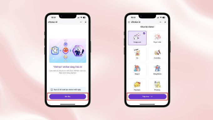 Nhấn vào lệnh Bắt đầu, chọn bộ sticker yêu thích rồi nhấn nút Tiếp tục