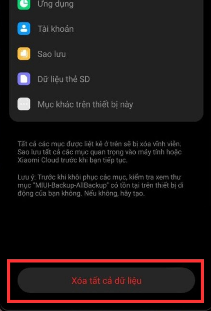 Khôi phục cài đặt gốc là giải pháp để loại bỏ lỗi Xiaomi mất cài đặt vân tay