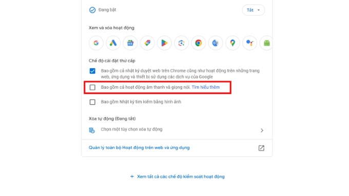 Bước 3 tắt tính năng nghe lén của Google trên máy tính
