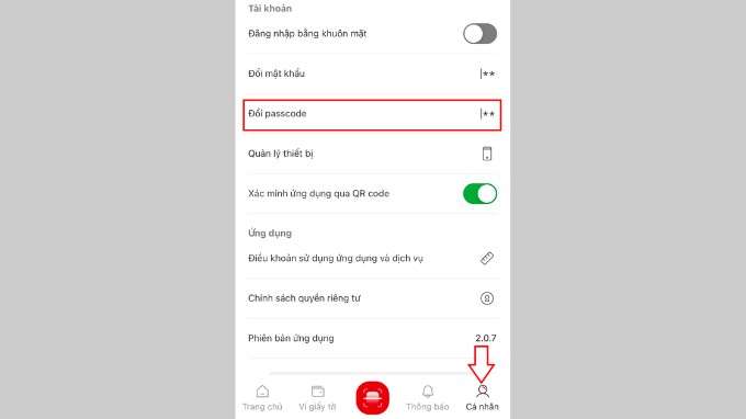Bước 2 đổi passcode trên VNeID
