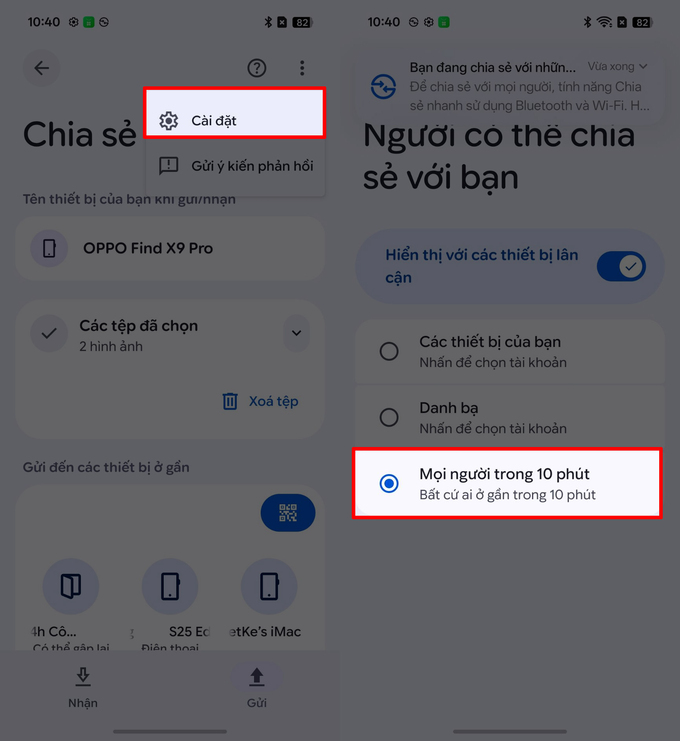 Trên OPPO và thiết bị Apple, đặt chế độ nhận file về “Mọi người”