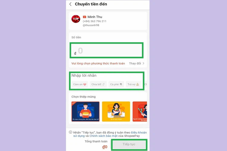 Chuyển tiền đến ví ShopeePay khác bằng số điện thoại