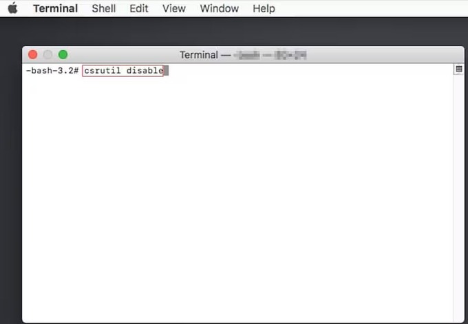 Trong cửa sổ Terminal, gõ lệnh csrutil disable rồi nhấn Enter