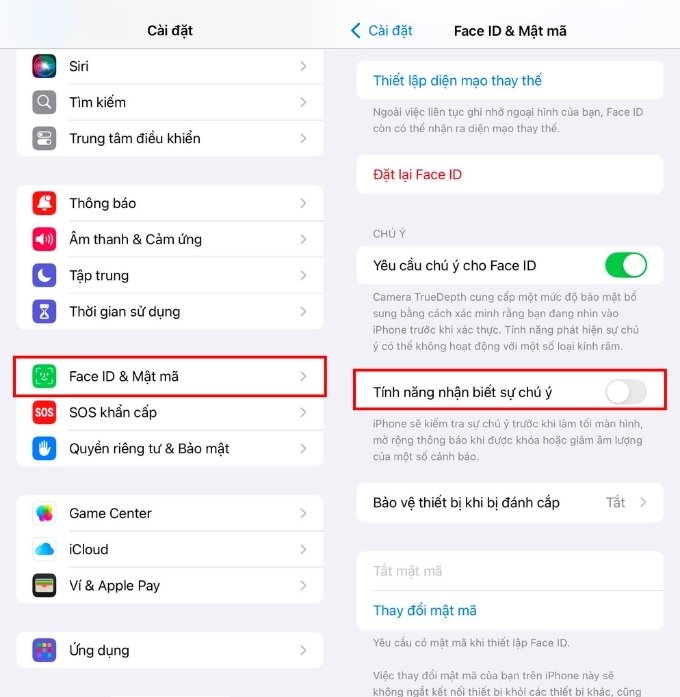 Tắt tính năng Nhận biết sự chú ý
