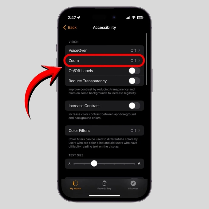 Tìm và nhấn vào mục Zoom (Thu phóng)