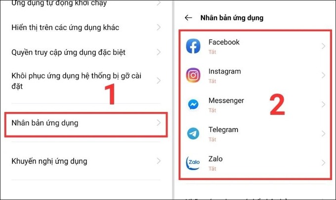 Chọn Nhân bản ứng dụng và chọn ứng dụng bạn muốn