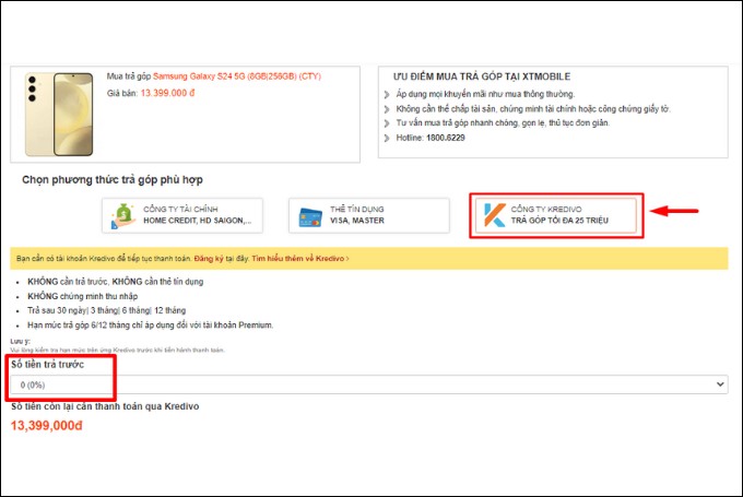 Bước 2 mua điện thoại trả trước 0 đồng trên trang XTmobile.vn