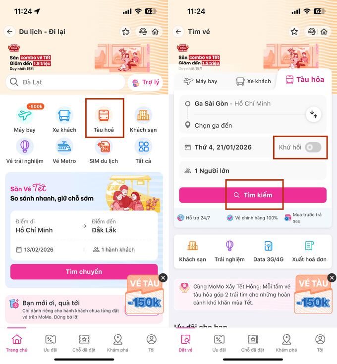 Cách đặt vé tàu tết online trên điện thoại qua ứng dụng Momo bước 1