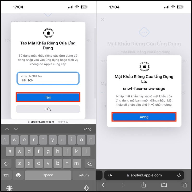 Bước 2 tạo mật khẩu trong ID Apple