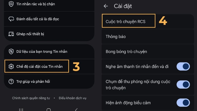 Lướt xuống và chọn Chế độ Cài đặt của Tin nhắn