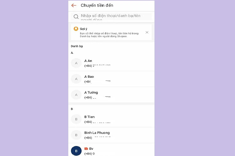 Chuyển tiền đến ví ShopeePay khác bằng số điện thoại
