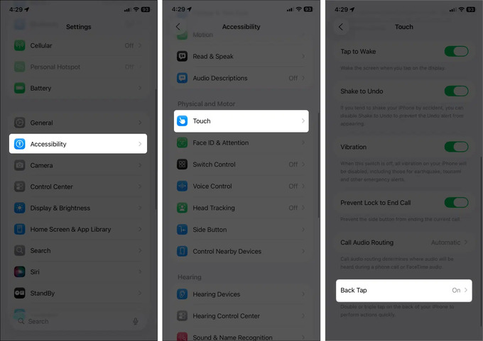 Kiểm tra Back Tap và Phím tắt