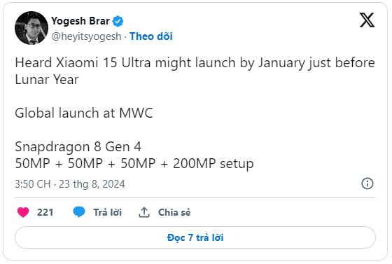 Hé lộ thời gian ra mắt Xiaomi 15 Ultra.