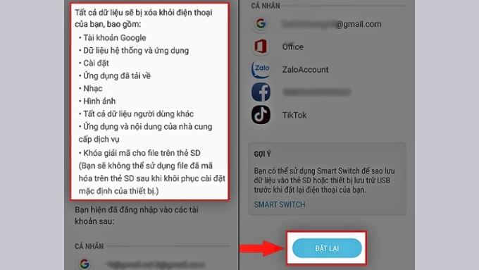 Nhấn chọn Đặt lại thiết bị và chờ đợi quá trình thiết lập lại hoàn tất