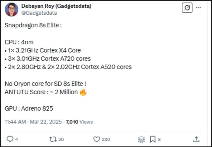 Snapdragon 8s Elite là bản nâng cấp nhẹ từ 8s Gen 3, vẫn thiếu nhân Oryon tùy chỉnh