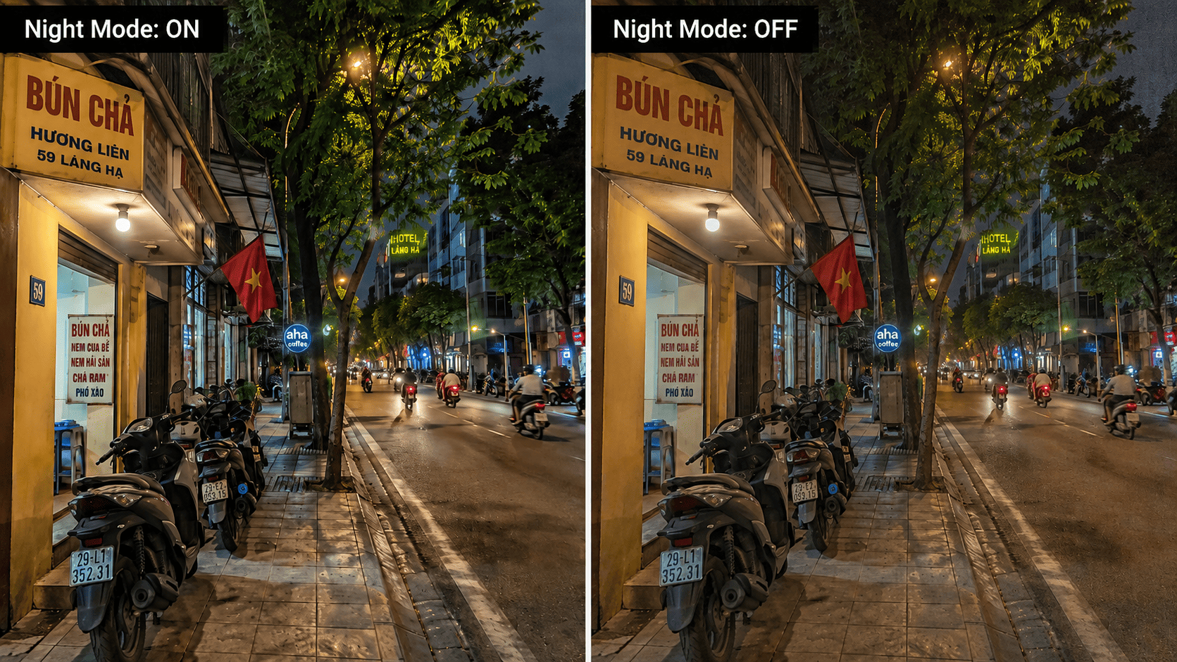 So sánh ảnh chụp đêm camera iPhone 14 Night Mode bật và tắt trên đường phố